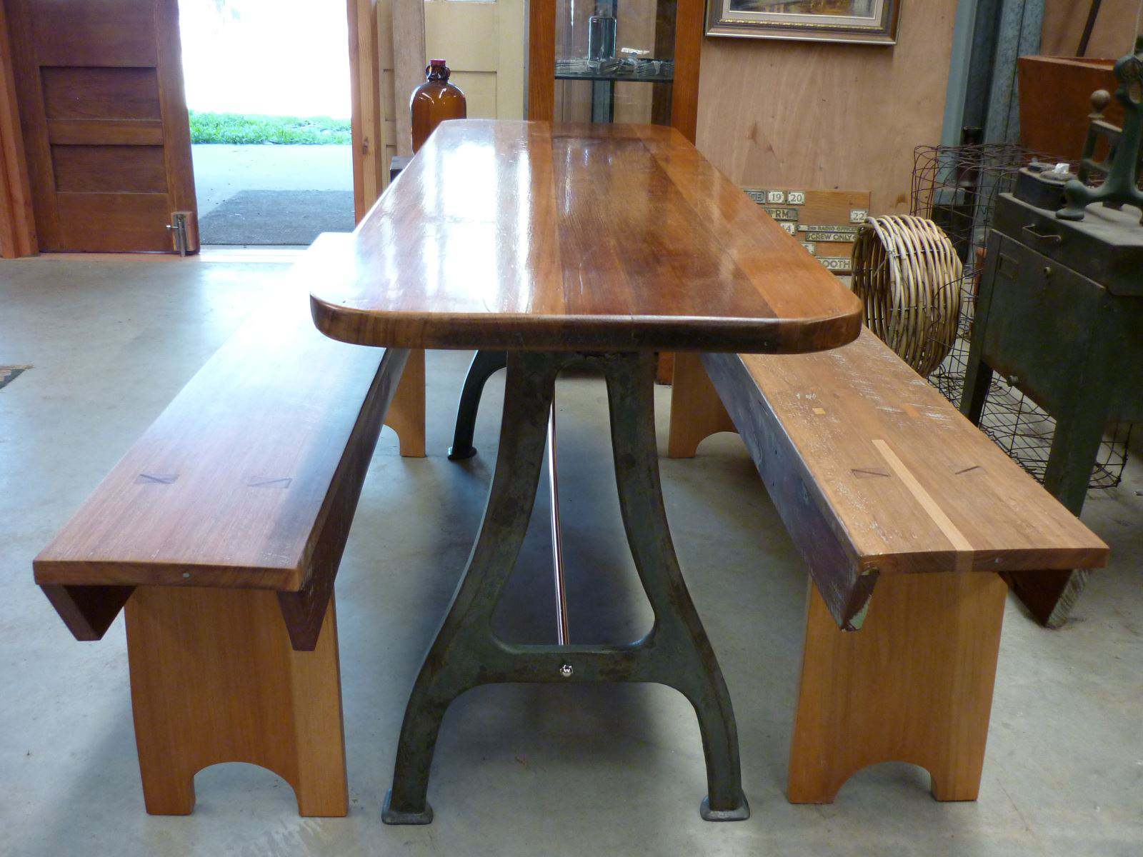 Tasmanian Blackwood Table with Cast Iron Legs & a Pair of Hardwood Bench Forms to Match