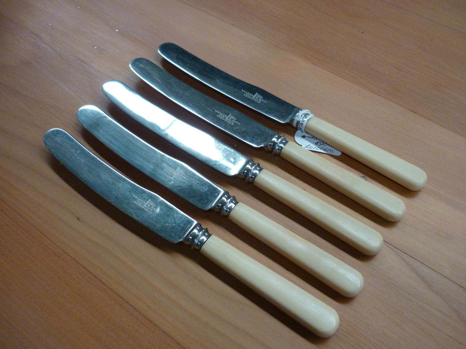 Cutlery. Walker & Hall Dinner Knife with Zylonite Handles