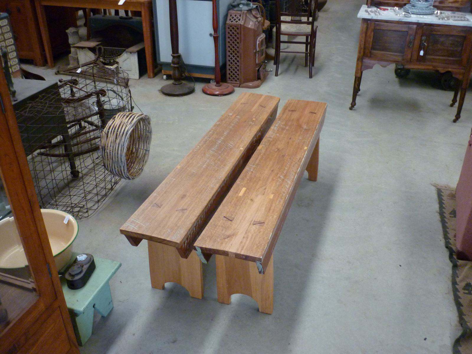 Bench Form (pair) Hardwood Seats, Kauri Pine Legs, Rebuilt & Restored